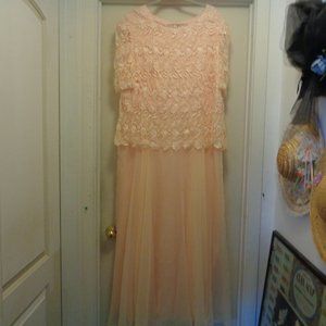 FORMAL PEACH LACE & CHIFFON LONG GOWN, SATYAS FASHION 22W